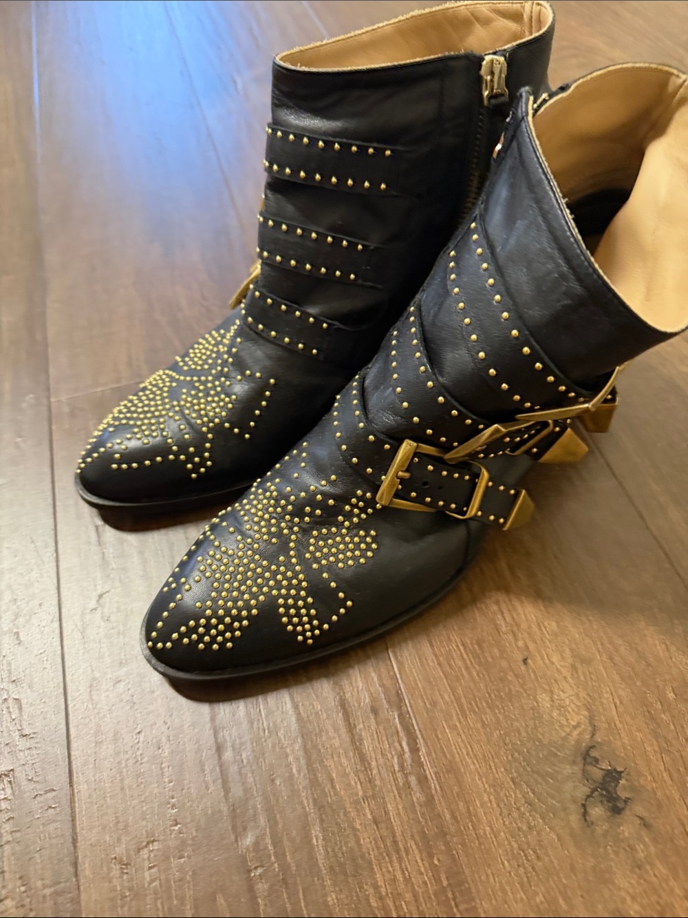 Chloe Black Leather Ankle Boots with Gold Studs & Buckles